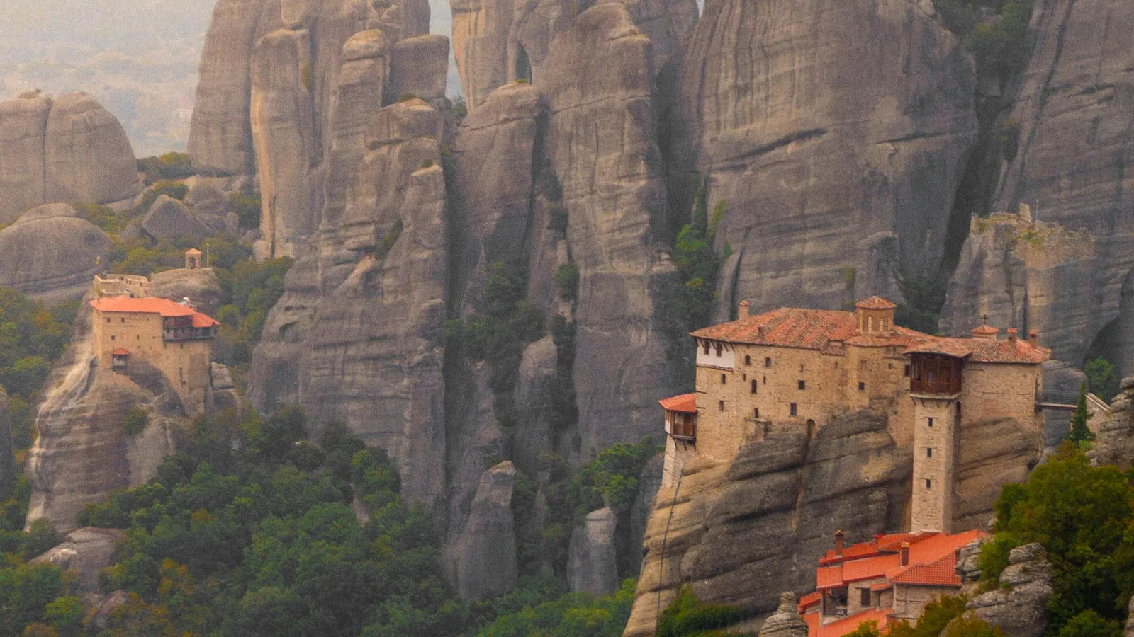 Roussanou monastery surrounded by the famous Meteora rock spires
