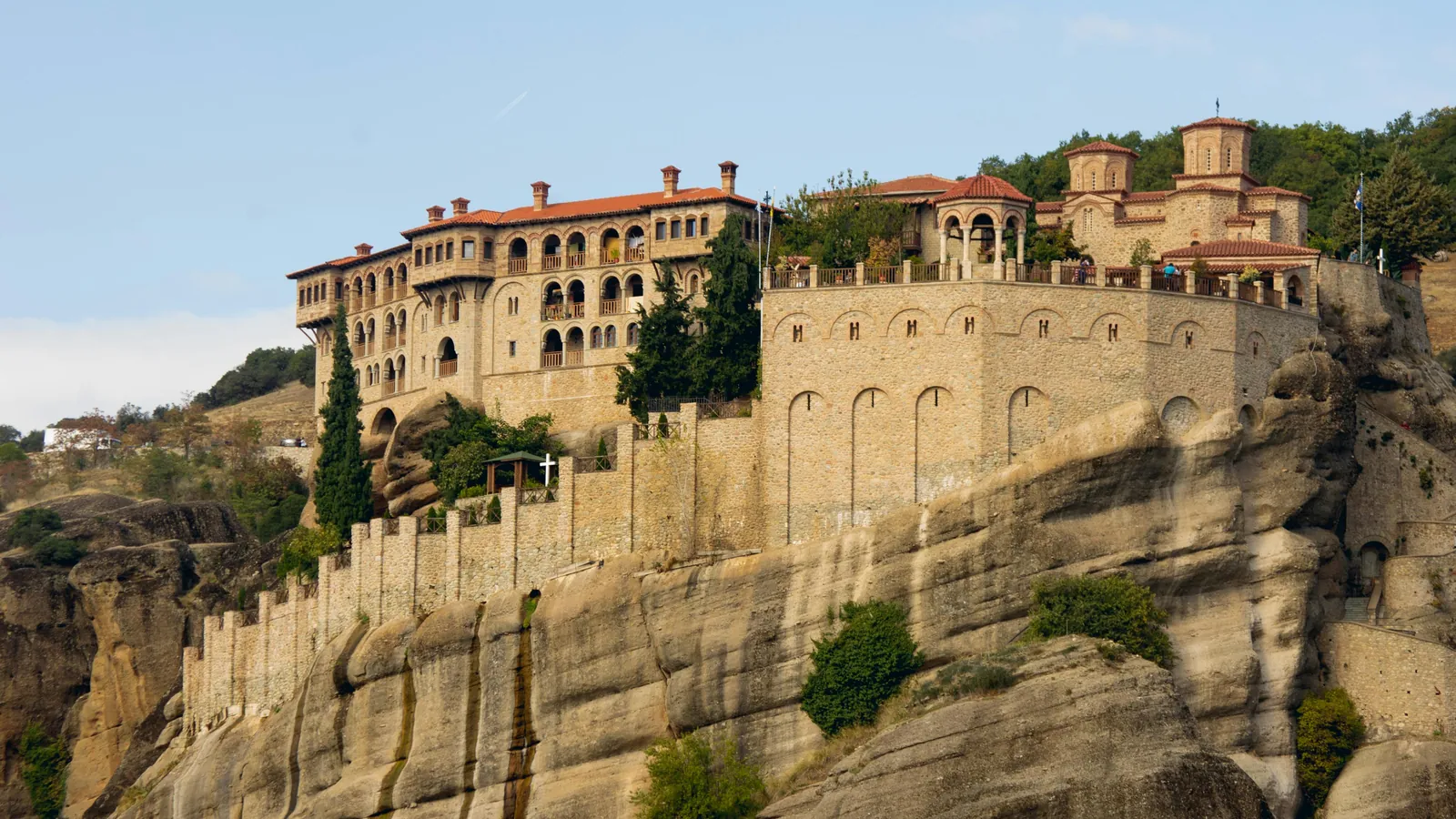 Varlaam monastery in golden hour light at Meteora, Greece
